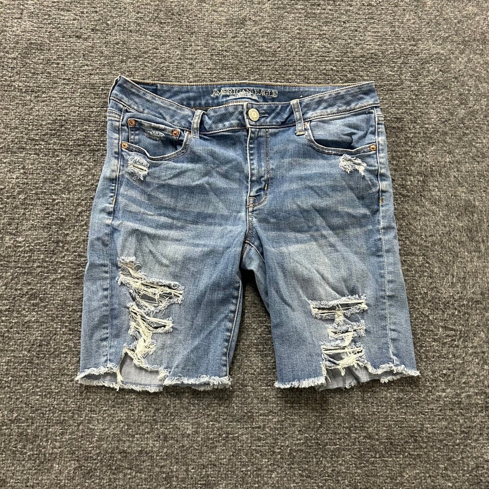 American Eagle Shorts Womens Size 12 Blue Distressed Denim Raw Hem Super Stretch